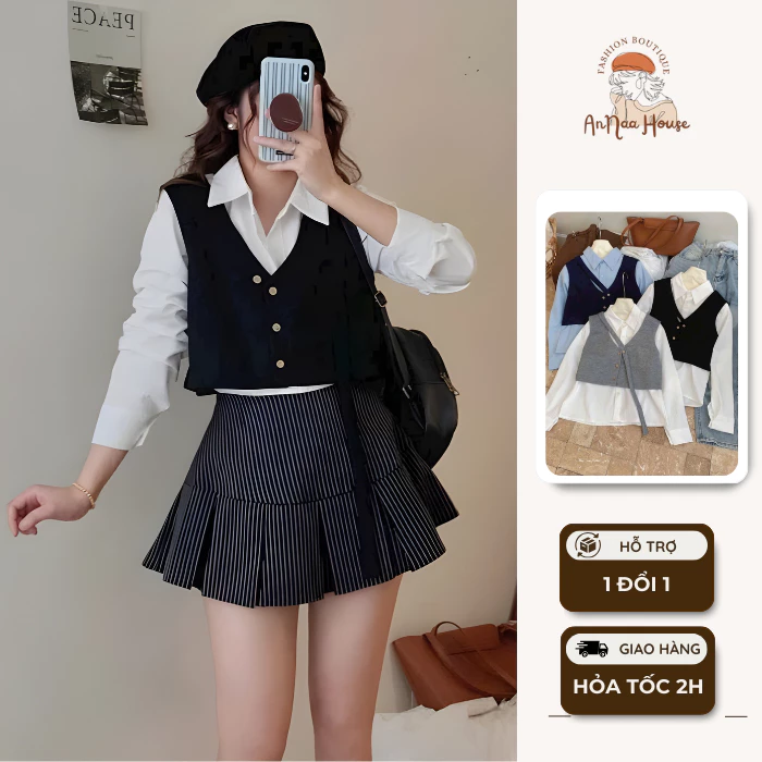 Áo Sơ Mi Trắng Kèm Gile Cổ Chữ V Dáng Ngắn phối dây cổ ANNA HOUSE croptop phối sơ mi dài tay