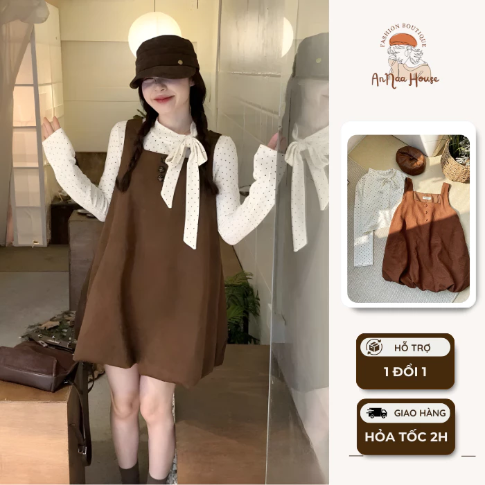 Set Váy Yếm Bí Dáng Phồng Kèm Áo Chấm Bi Cổ Nơ Xinh Xắn  Vintage Floral Bubble Dress, set váy yếm bí màu trơn dáng lửng