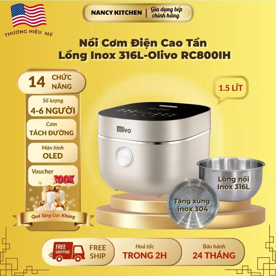 [Chính hãng] Nồi cơm điện cao tần Olivo RC800IH,lồng inox 316L,1.5 lít,14 chức năng,màn hình oled