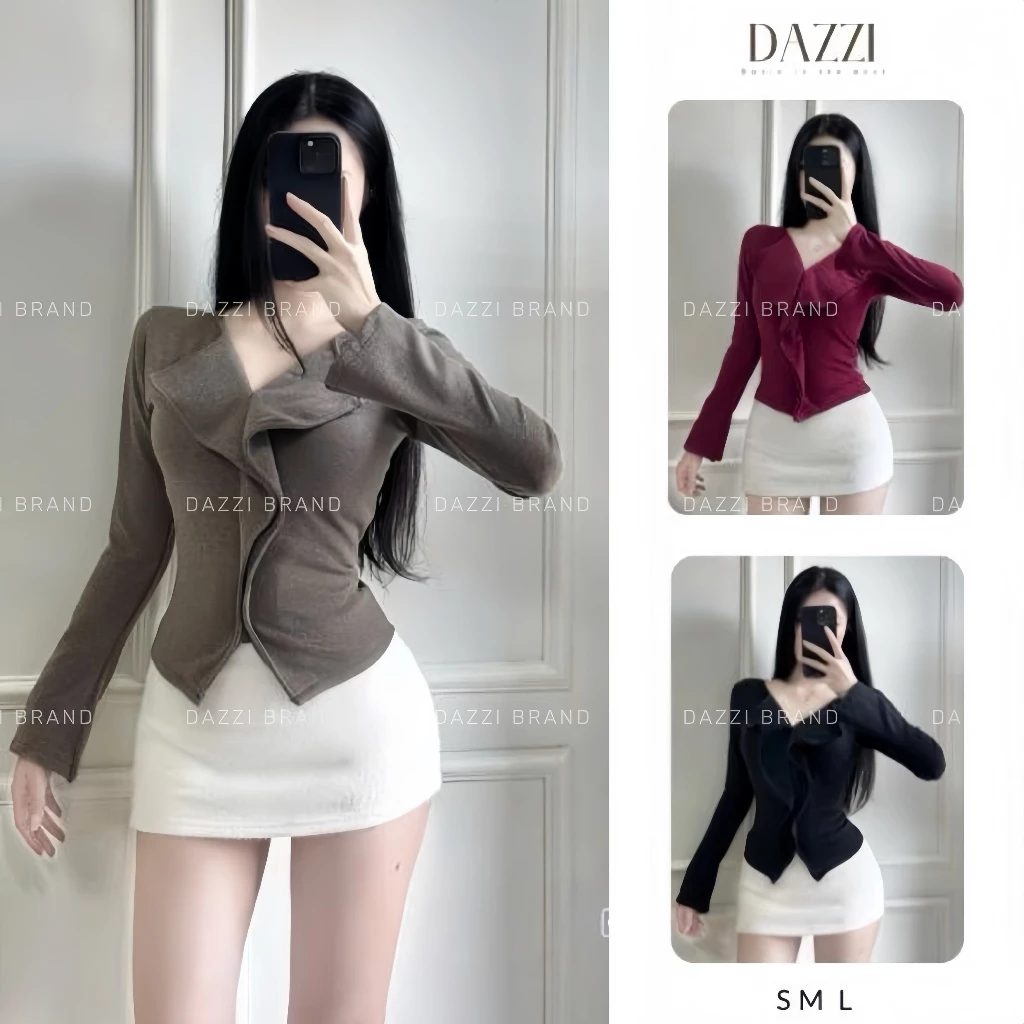 [MỞ BÁN] Áo thun nữ tay dài cổ V thiết kế phối bèo dáng ôm chất nỉ tăm lông thỏ DAZZI Women A069