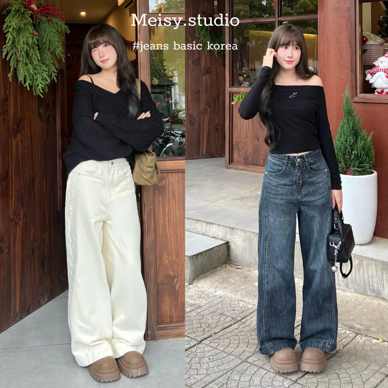 Quần Jeans nữ form dáng ống rộng màu đen than, màu be vải dày có viền sọc giữa phong cách basic Hàn Quốc QKV02