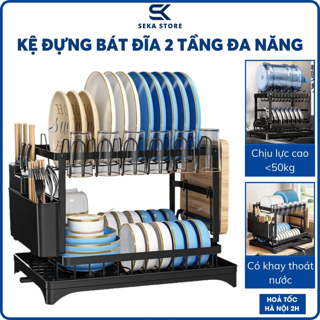 Kệ Úp Bát Đĩa 2 Tầng 42x30cm, Giá Đựng Chén Dĩa Để Bàn Bếp Cao Cấp