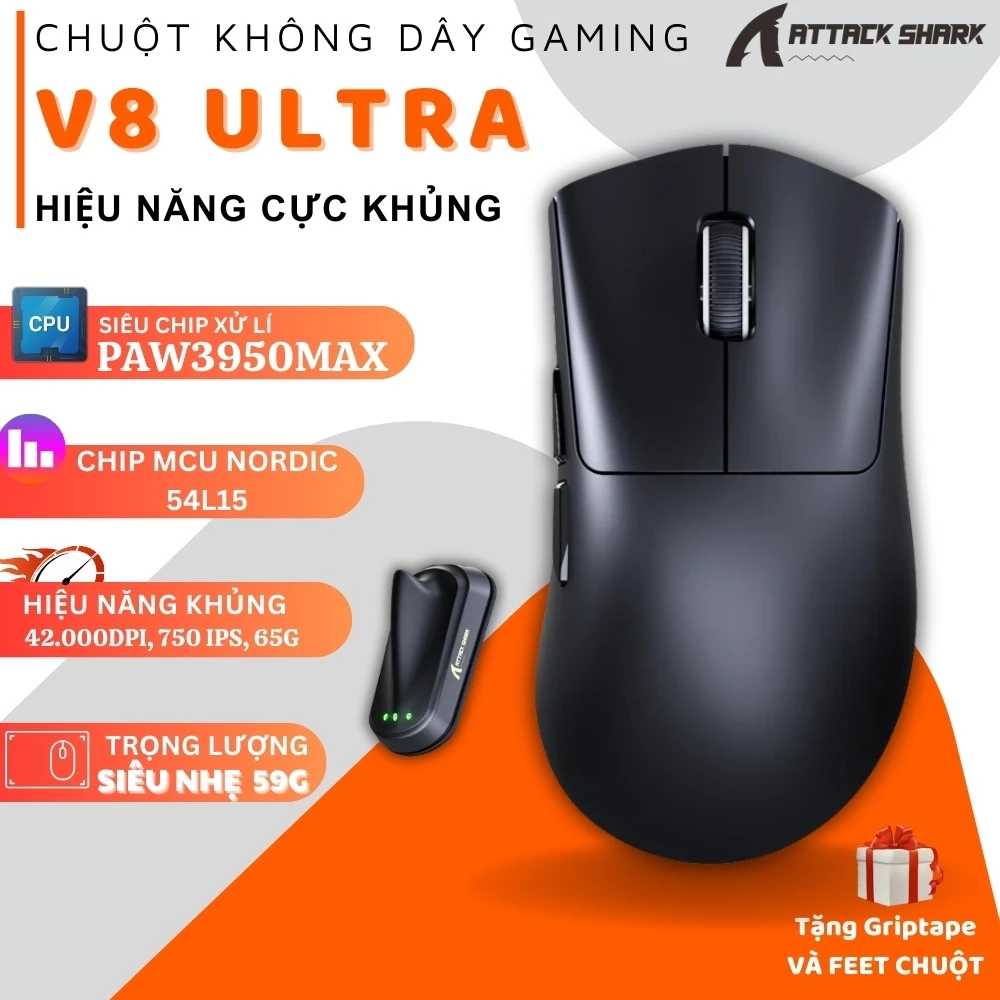 Chuột Không Dây Gaming Attack Shark V8 - Cảm Biến PAW3950Max, Polling Rate 8000Hz, Siêu Nhẹ 59g