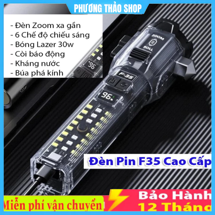 Đèn Pin F35 Led lazer siêu sáng cao cấp, còi báo động, cắt dây an toàn, phá kính, sạc cho điện thoại, chống nước