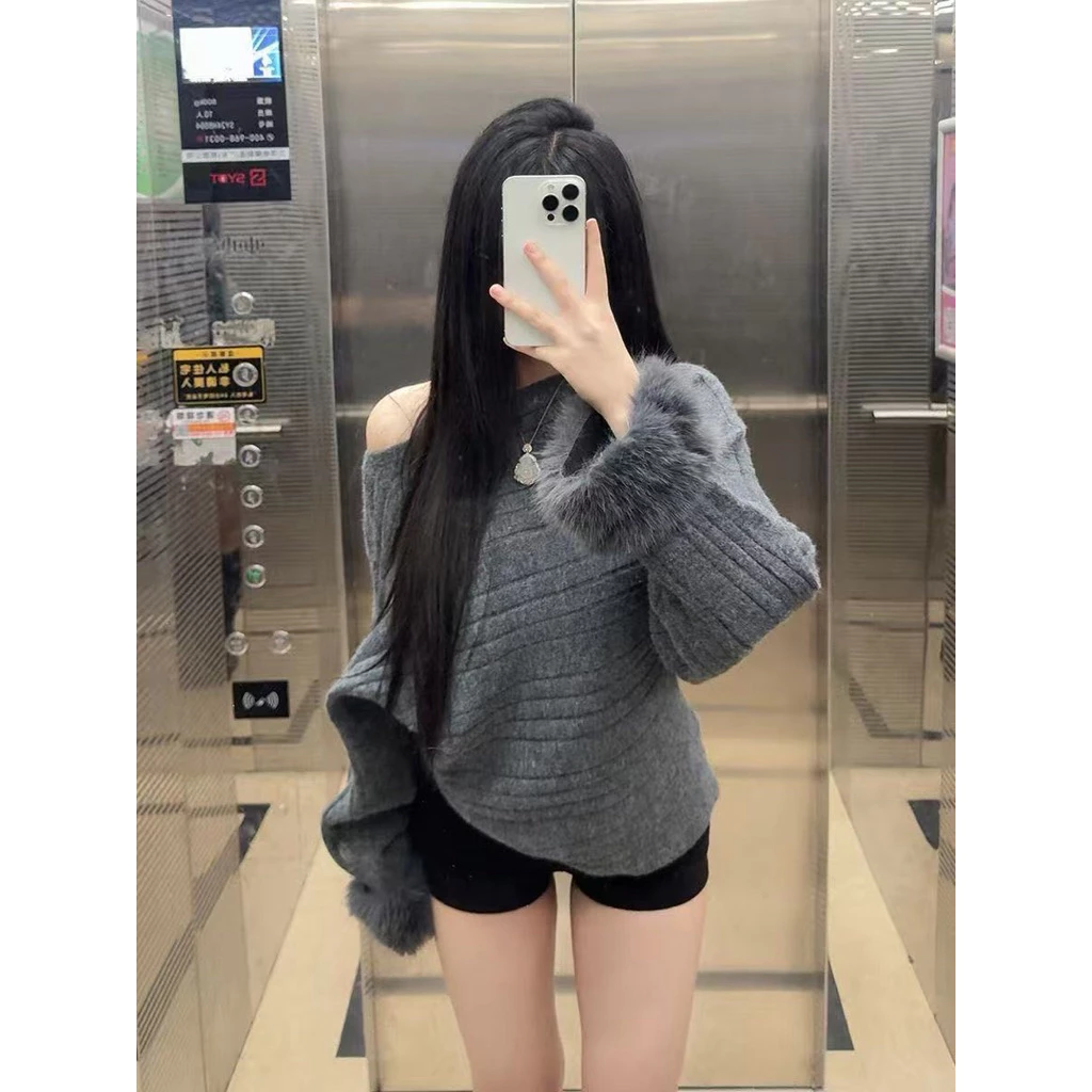 𝐘𝐮𝐫𝐢.𝐬𝐭𝐨𝐫𝐞 Áo Len Trễ Vai Xám Tay Lông Sang Chảnh L11(sẵn)