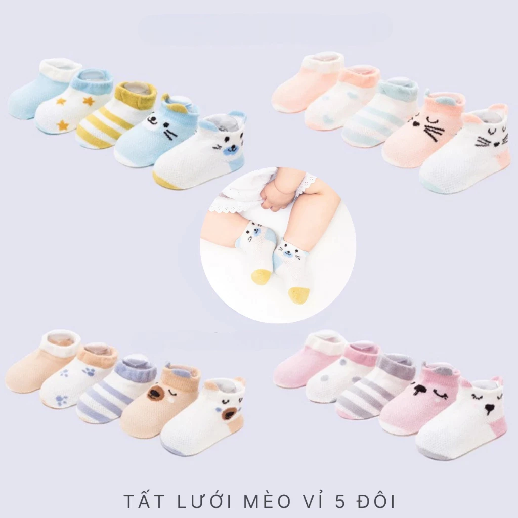 [Top Value] Set 5 đôi tất lưới điều hoà cổ thấp, chất liệu cotton mềm mại thoáng khí cho bé từ 0-2 tuổi