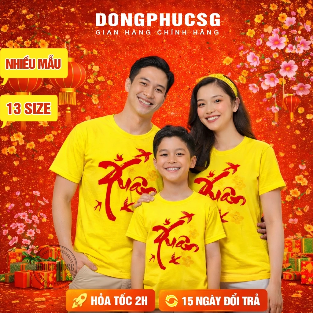 Áo thun Tết 2026 đủ size cho gia đình cặp đôi hội nhóm thun cotton mềm mịn màu vàng nhiều mẫu SGY262