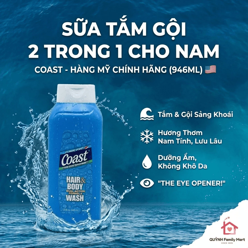 Sữa Tắm Gội Coast 2in1 946ml Cho Nam Làm Sạch Giữ Ẩm Cho Da