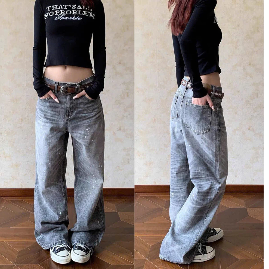 [DEAL MỞ BÁN] Quần Jean Baggy Xám Rộng – Grey Wide Leg Denim Paint Splash Y2K