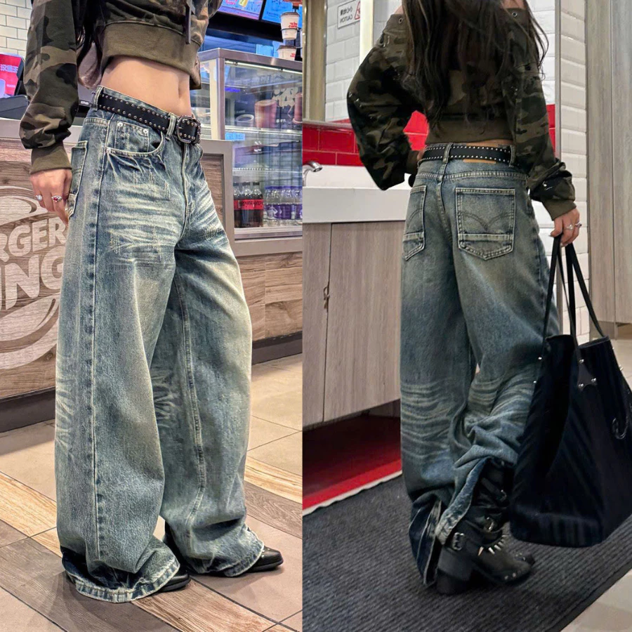 Quần Jean Baggy Ống Siêu Rộng – Extra Long Wide Leg Denim Wash Vintage