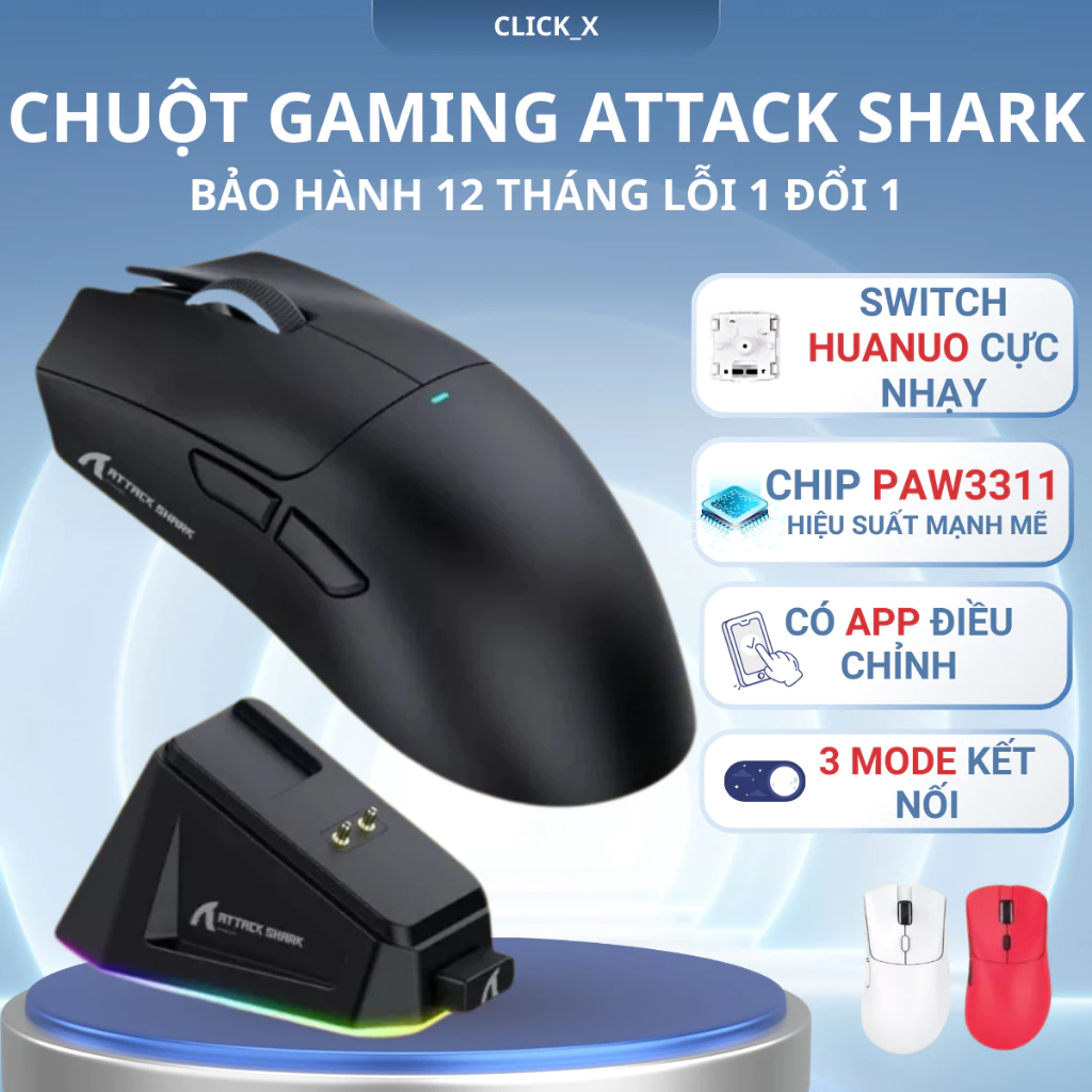 Chuột Gaming Không Dây Attack Shark R1-X11 Siêu Nhẹ Chip Paw3311 Cực Mạnh 3 Chế Độ Kết Nôi