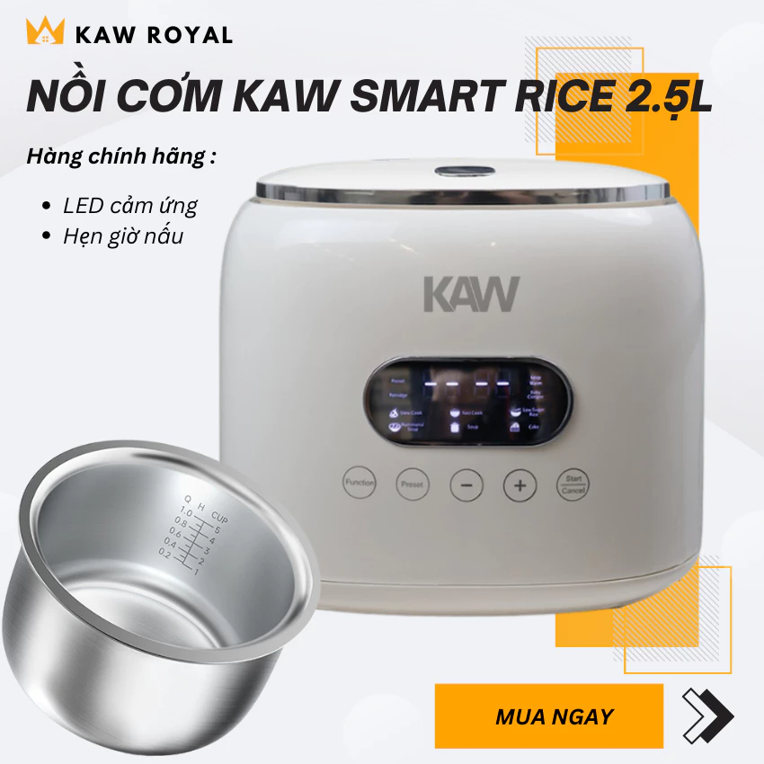 Nồi Cơm Điện KAW 2.5L Cảm Ứng Thông Minh, 8 Chế Độ Nấu, Lòng Inox 304, An Toàn, Chính Hãng