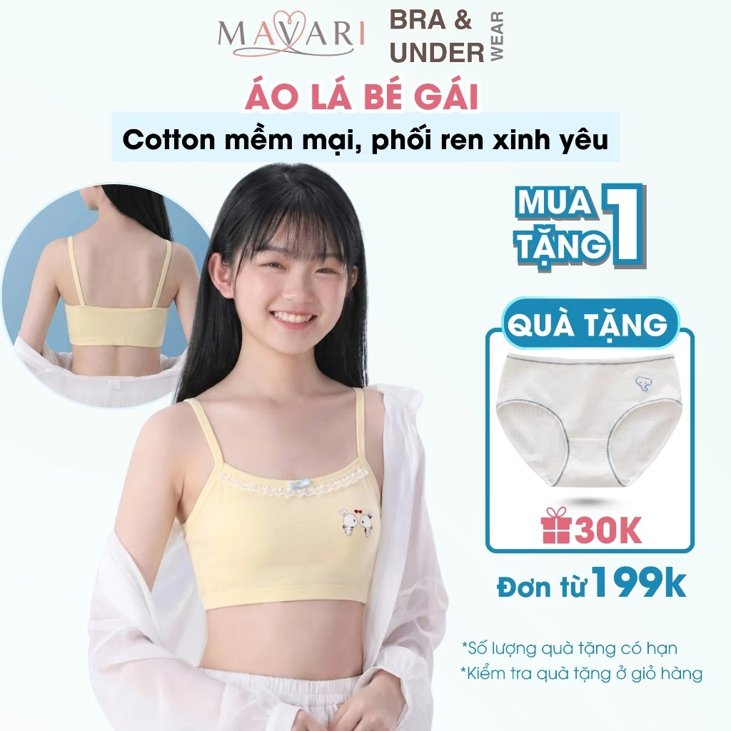 Áo Lót Học Sinh Cotton Phối Ren Tinh Tế - Áo Lá Bé Gái Họa Tiết Thỏ Đáng Yêu AMYBRA B538