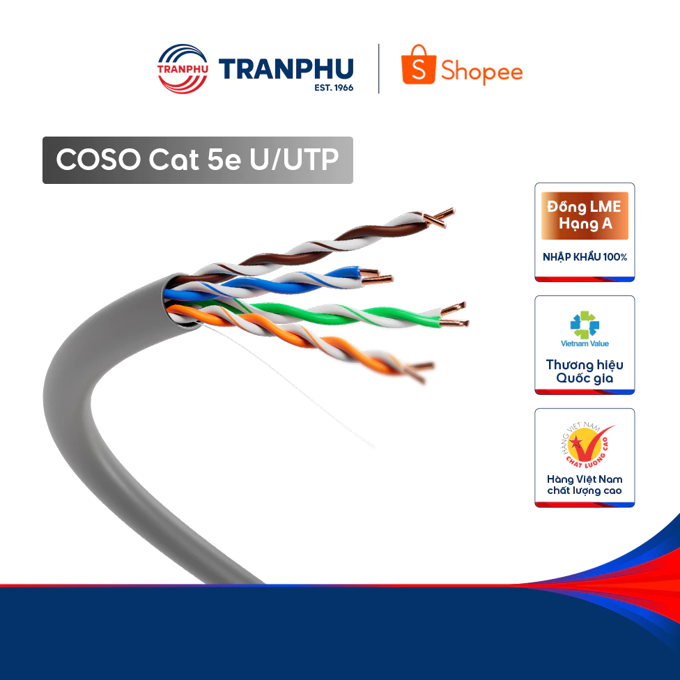 Cáp Mạng LAN Cat5e Trần Phú Trafuco Chính Hãng – U/UTP 4PX24AWG CAT5E4P-1, Kết Nối Mạnh, Truyền Dữ Liệu Ổn Định
