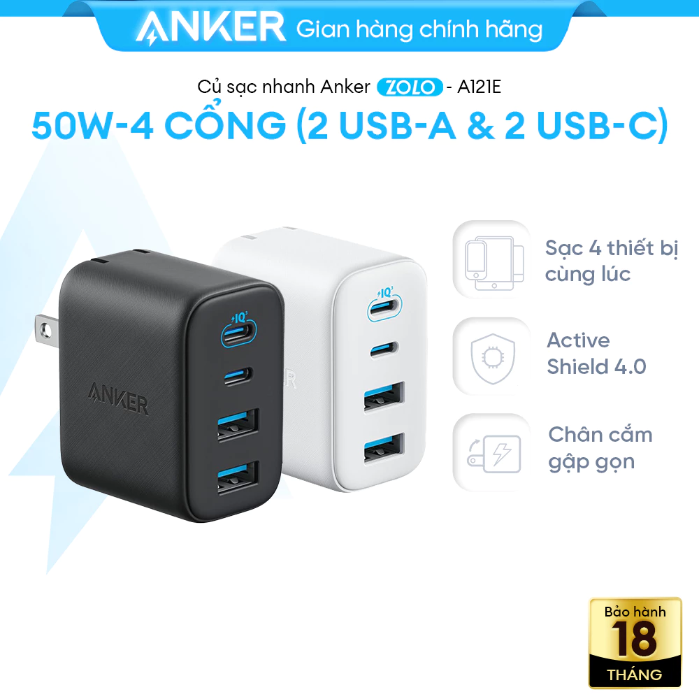 [LIVE] Củ sạc nhanh Anker Zolo 50W | 4 cổng (2*USB-C & 2*USB-A) | Chân gập gọn nhẹ | Sạc nhanh đa thiết bị - A121E