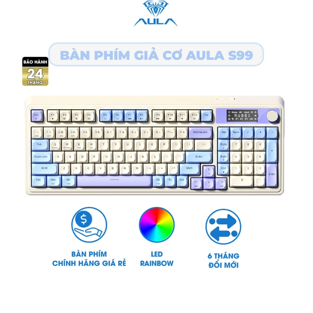 Bàn phím giả cơ 3 mode kết nối AULA S99 PRO gõ tiếng êm phù hợp văn phòng, màn hình tùy chỉnh, LED rainbow