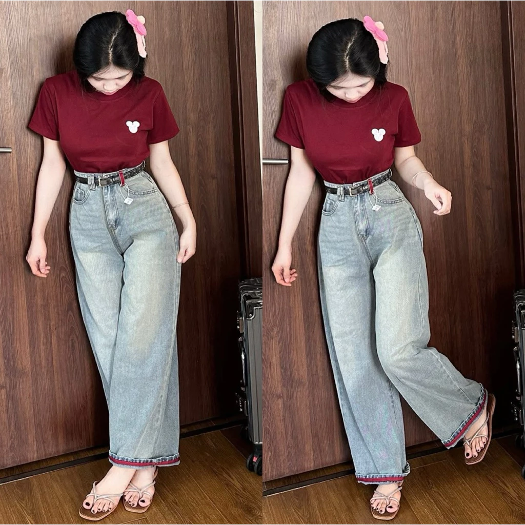 (82/87/97cm) Quần jean nữ ống suông viền đỏ , quần bò nấm ,  Đủ Size S/M/L ( 7377 )