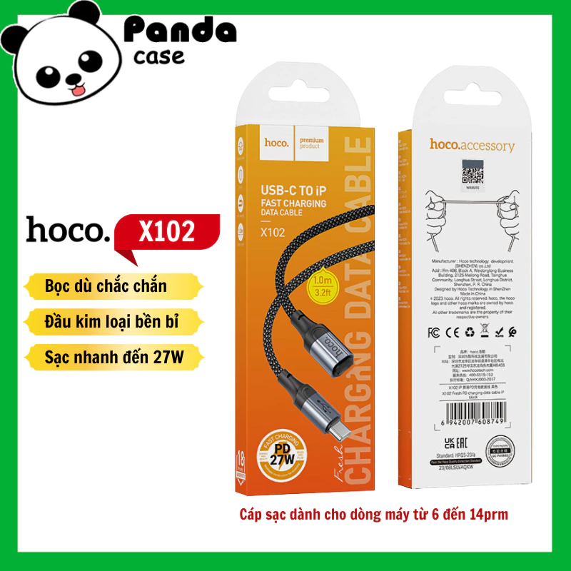 Cáp Sạc Nhanh C to LN HOCO X102 27W Dây sạc bọc dù chống rối dài 1 mét cho điện thoại phone 6-14promax