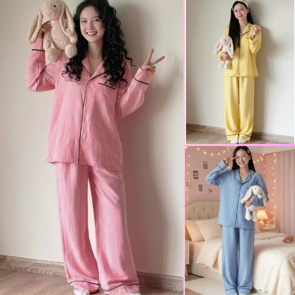 Bộ pijama TAY DÀI kẻ sọc viền đen nhiều màu đẹp, đồ ngủ nữ quần dài kèm áo mặc nhà ulzzang B64 KẺ SỌC