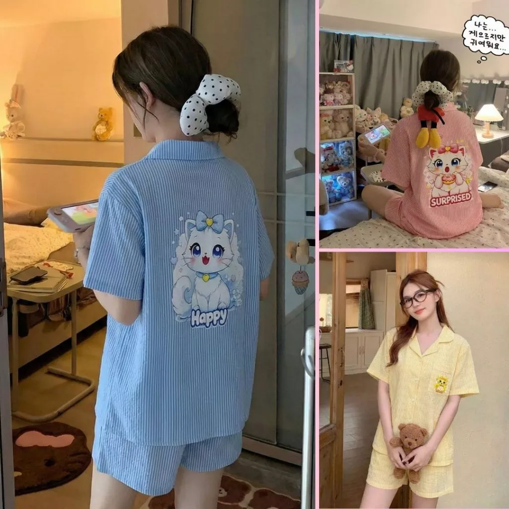 Bộ ngủ nữ caro mặc nhà in hình mèo cute - Set ngủ pijama bánh bèo tiểu thư B65