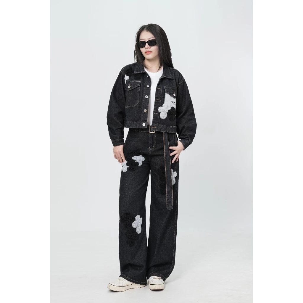 Set Jean Áo Khoác Croptop + Quần Regural Fit Thêu Xù Unisex 6172 + 6242, Set Quần Áo Nam Nữ