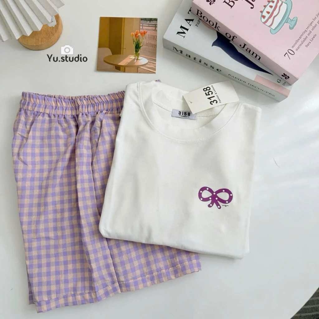 Bộ thun nữ YUSTUDIO mặc nhà áo cotton khô quần đũi caro mẫu Nơ Robin