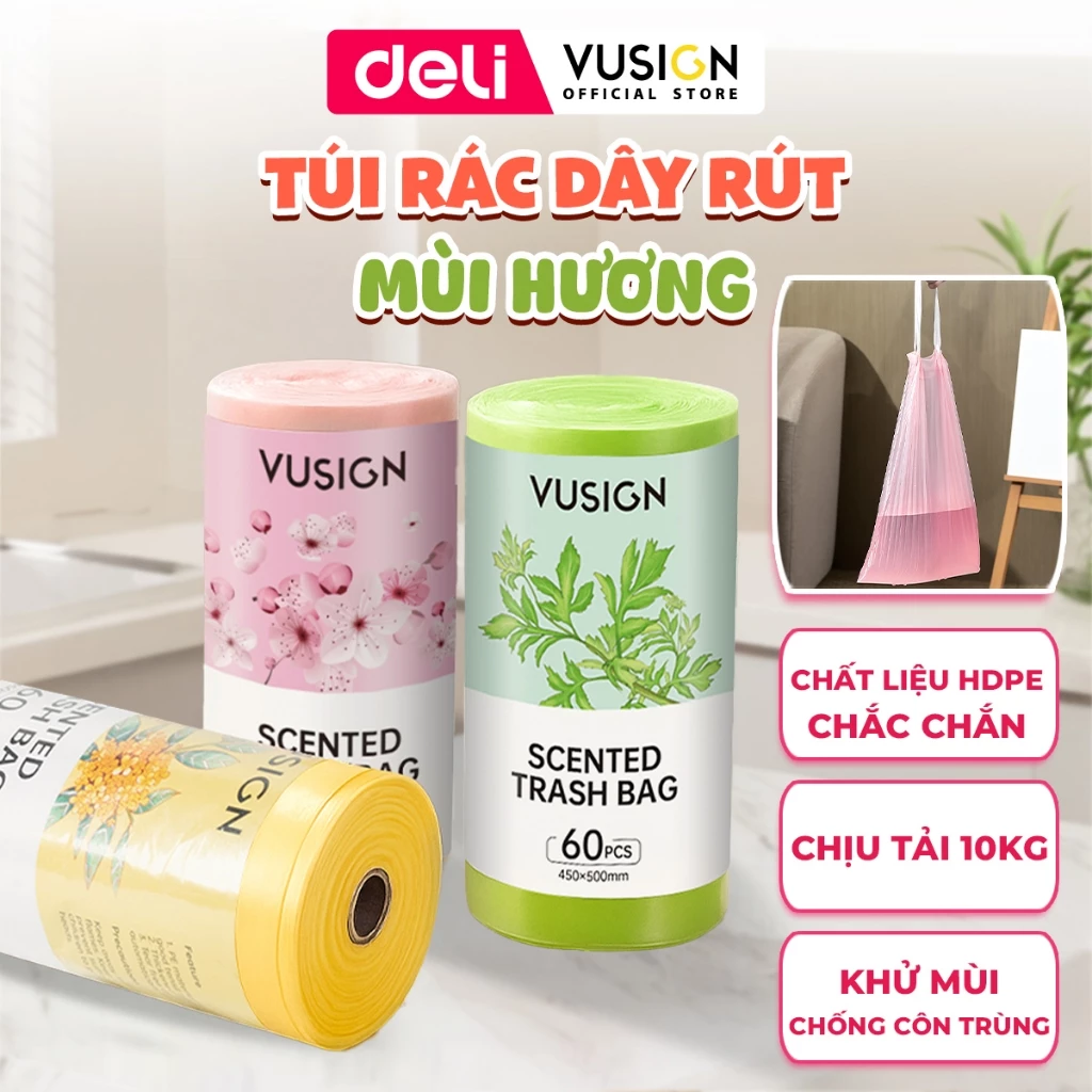Cuộn 60 Túi Rác Mùi Hương Deli Vusign Tải Trọng 10KG - Chất Liệu HDPE dày dặn -Kích thước 45*50 Cm
