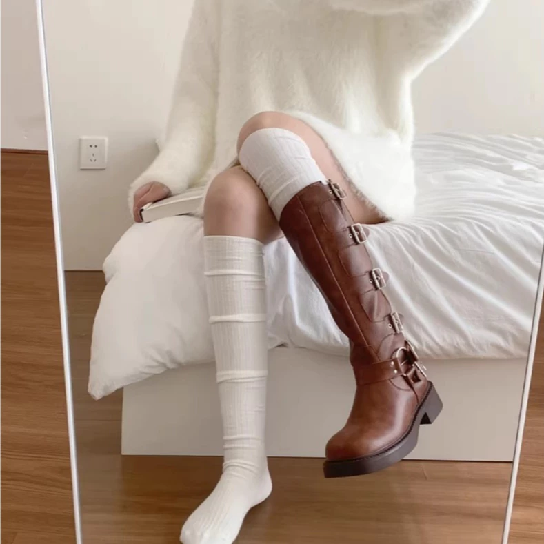 Tất Nữ Trắng TG2 Cao Quá Gối Mùa Thu Đông – Vớ Len Gân Co Giãn, Vớ Dài Kiểu Boot, Ôm Chân Tôn Dáng