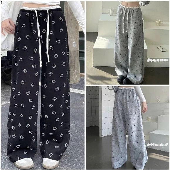 Quần Dài Mèo Kitty Phối Cạp Trắng Ống Xuông Basic Quần Dài Nữ Ống Rộng Mặc Đi Học Đi Chơi Cực Đẹp