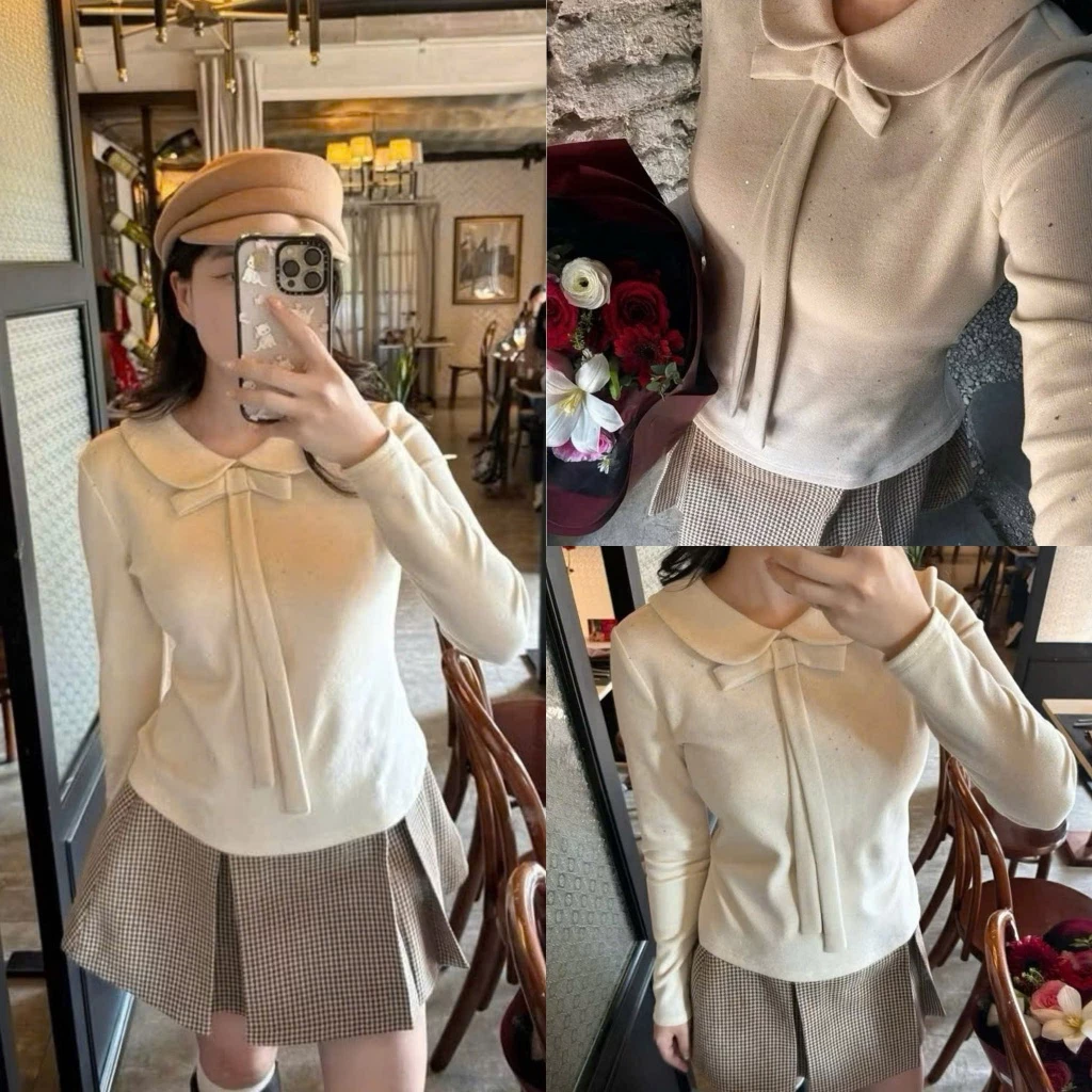 (A.05 Hàng Mới):Áo Thun Nhũ Cổ Sen Đính Nơ Dài Tay Dễ Mix Đồ Mặc Gì Cũng Đẹp-Ảnh Thật Lollaye