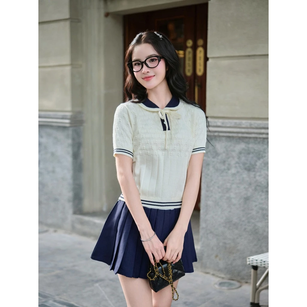 Áo len cổ sen phối nơ tiểu thư tay ngắn màu pastel len lông thỏ cao cấp DELIZ PL29 300G