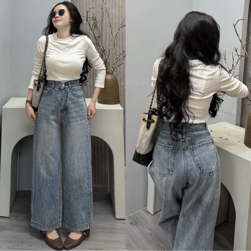 (95CM) Quần Jean Nữ  Suông Nấm Thêu Nơ QC . Jean ko giãn . Ống 26cm .S/M/L  ( S01 - Quần suông nấm ) 810