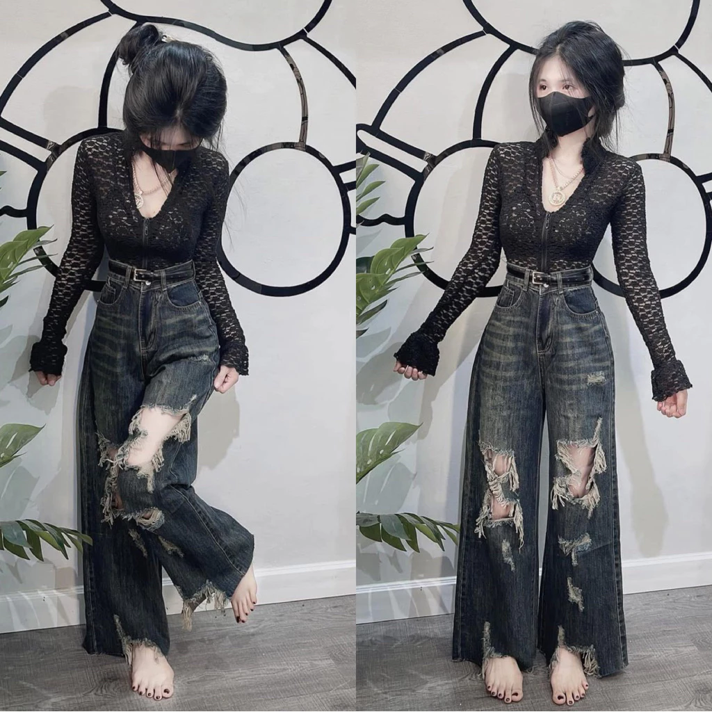 (87/97cm) Quần Jean Nữ  Suông RỘNG Nấm Rách Nhiều Lai Tua QC . Jean ko giãn . Đủ Size S/M/L  ( Quần suông nấm ) 6778