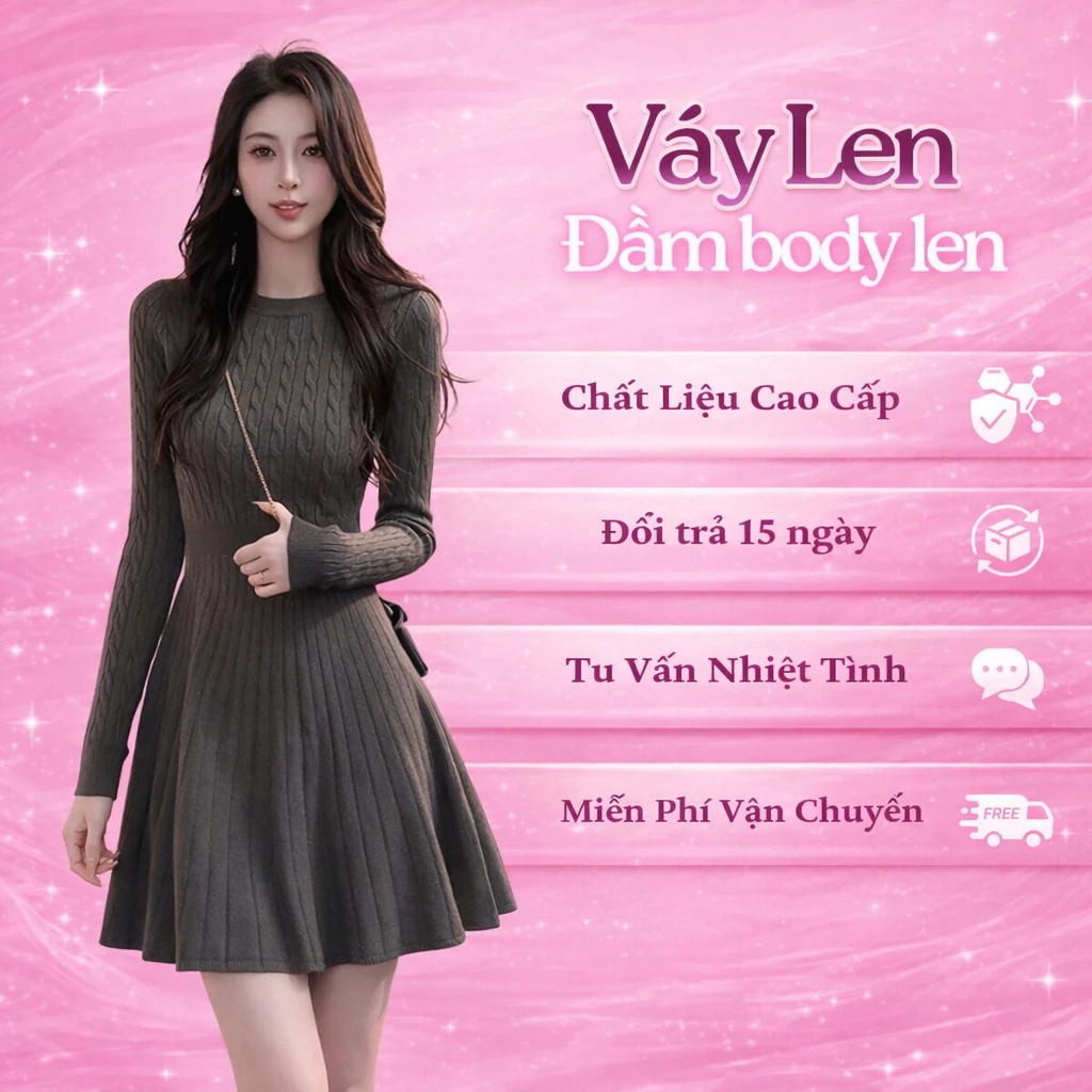 Đầm Len Nữ Cổ V Dáng Ngắn Tay Dài, Váy Body Len Hàn Quốc Tôn Dáng Sang Trọng