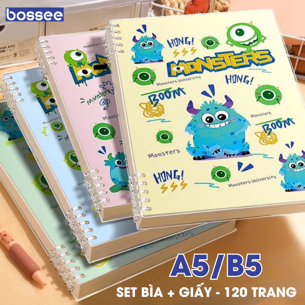 Sổ Còng Họa Tiết Quái Vật Học Đường A5/ B5 Sổ Tay Ghi Chép Học Sinh 120 Trang Giấy Chống Lóa Kẻ Ngang/Caro _ bossee