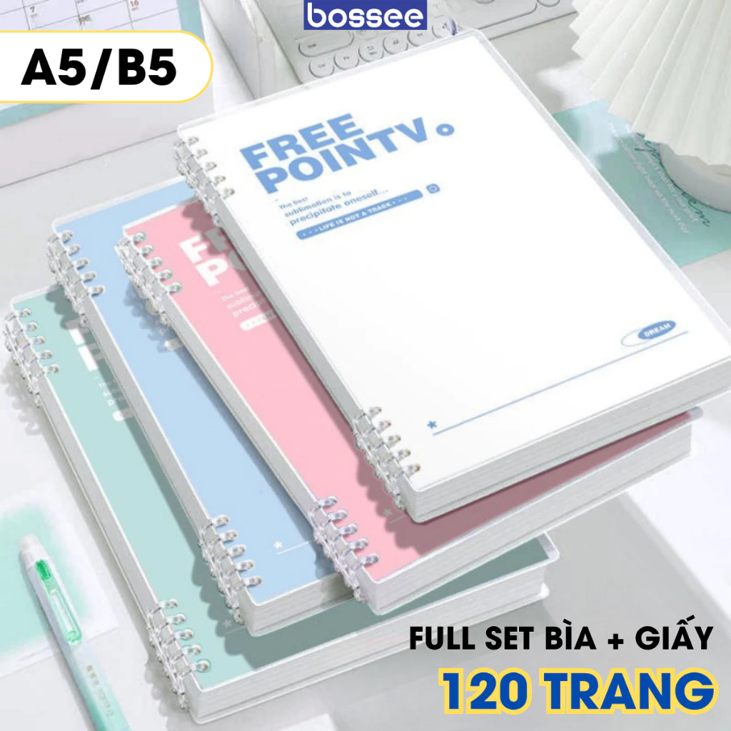 Sổ Còng Bìa FREE POINTV A5/B5 120 Trang – Sổ Ghi Chép Khuyết Còng 2 Bìa Trong, Bìa Màu Pastel Xinh Xắn Kẻ Ngang/ Caro