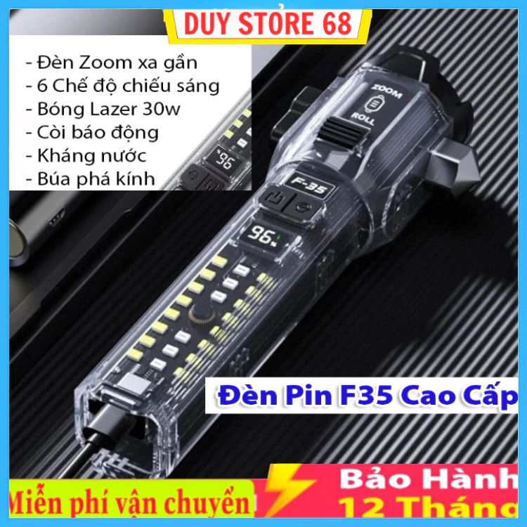 Đèn Pin F35 Led lazer siêu sáng cao cấp, còi báo động, cắt dây an toàn, phá kính, sạc cho điện thoại, chống nước