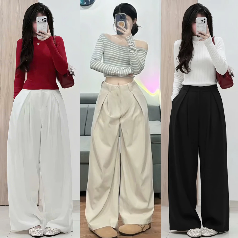 Quần Kaki Nữ Ống Rộng Xếp Ly NAGUU Lưng Cao Nửa Chun, Phong Cách Hàn Quốc Trẻ Trung XEPLY