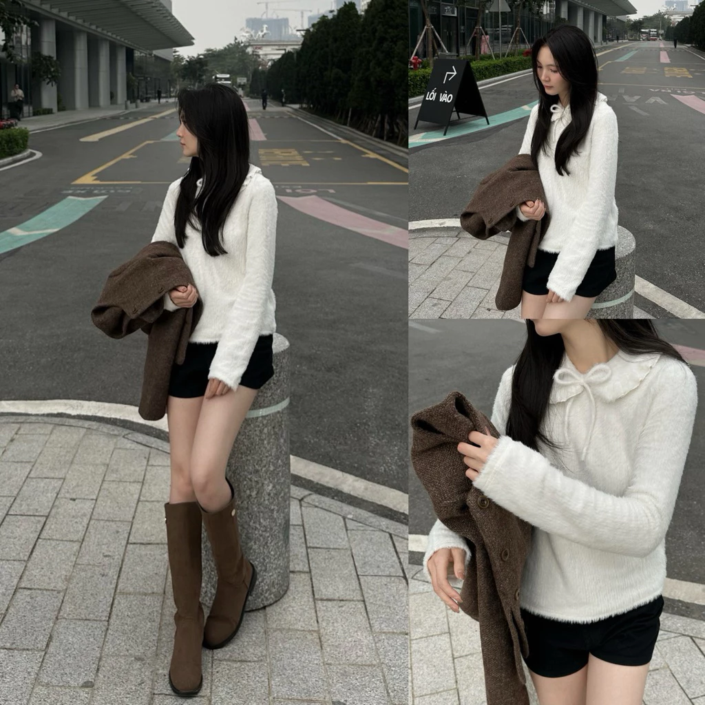 [Steezy] Áo len lông thỏ trơn cổ sen bèo dây nơ form vừa, áo len lông thỏ phong cách điệu đà thu đông cho nữ L6688
