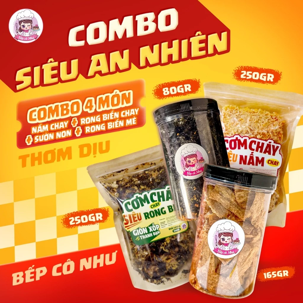 Combo Siêu An Nhiên Bếp Cô Như - Cơm Cháy Siêu Nấm Chay, Cơm Cháy Rong Biển Chay, Sườn Non Sấy Chay, Rong Biển Mè Rang