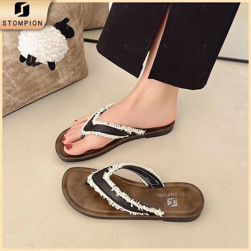 STOMPION Dép quai ngan nữ thiết kế đơn giản Màu nâu đen và màu be thanh lịch Đi chơi làm đều phù hợp