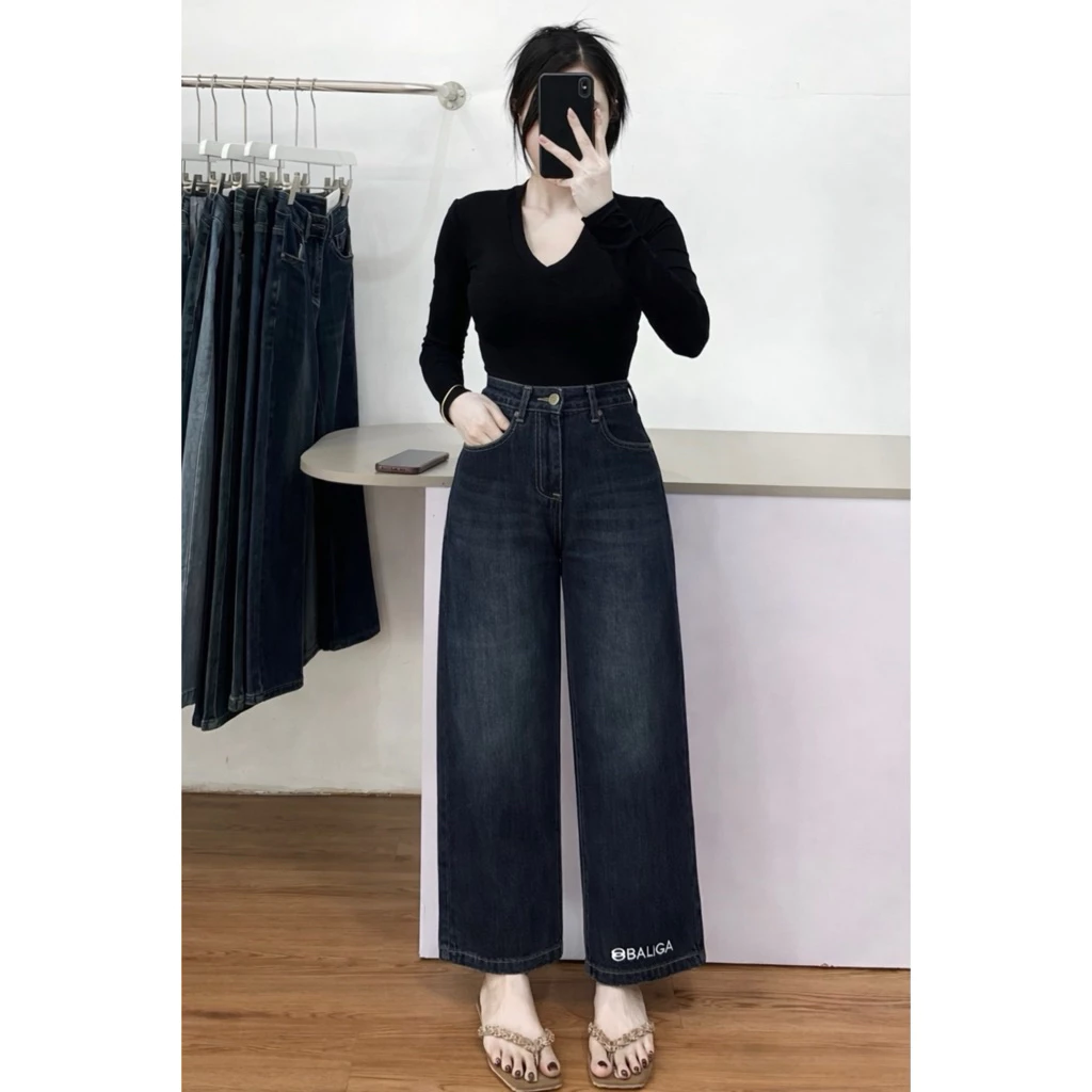 (90cm) Quần Jean Nữ  Suông Nấm Thêu Lai QC . Jean ko giãn  . Đủ Size XS/S/M/L Shop Nhí ( 7159 )