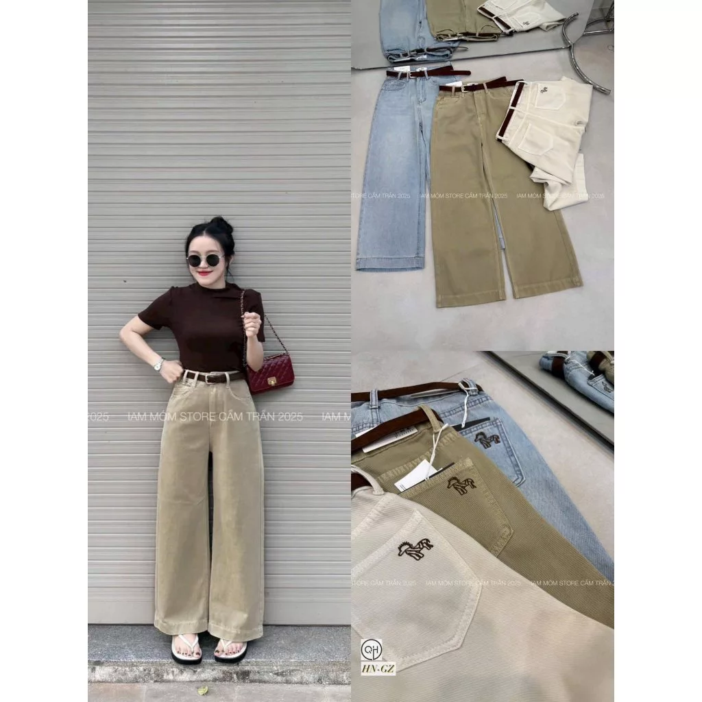 Quần Bò Jeans Nữ Ống Rộng, Quần Bò Denim Suông Ống Rộng Thêu Cún 3 Màu Dáng Nấm 90cm Cạp Cao Siêu Hách Dáng Cực Đỉnh