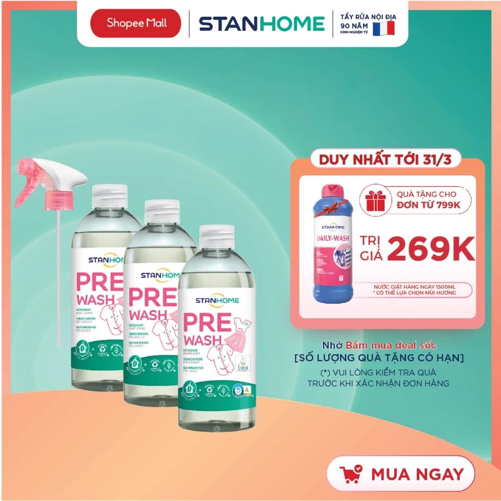 Set xịt xử lý vết bẩn trước khi giặt Stanhome PreWash 500ml/chai
