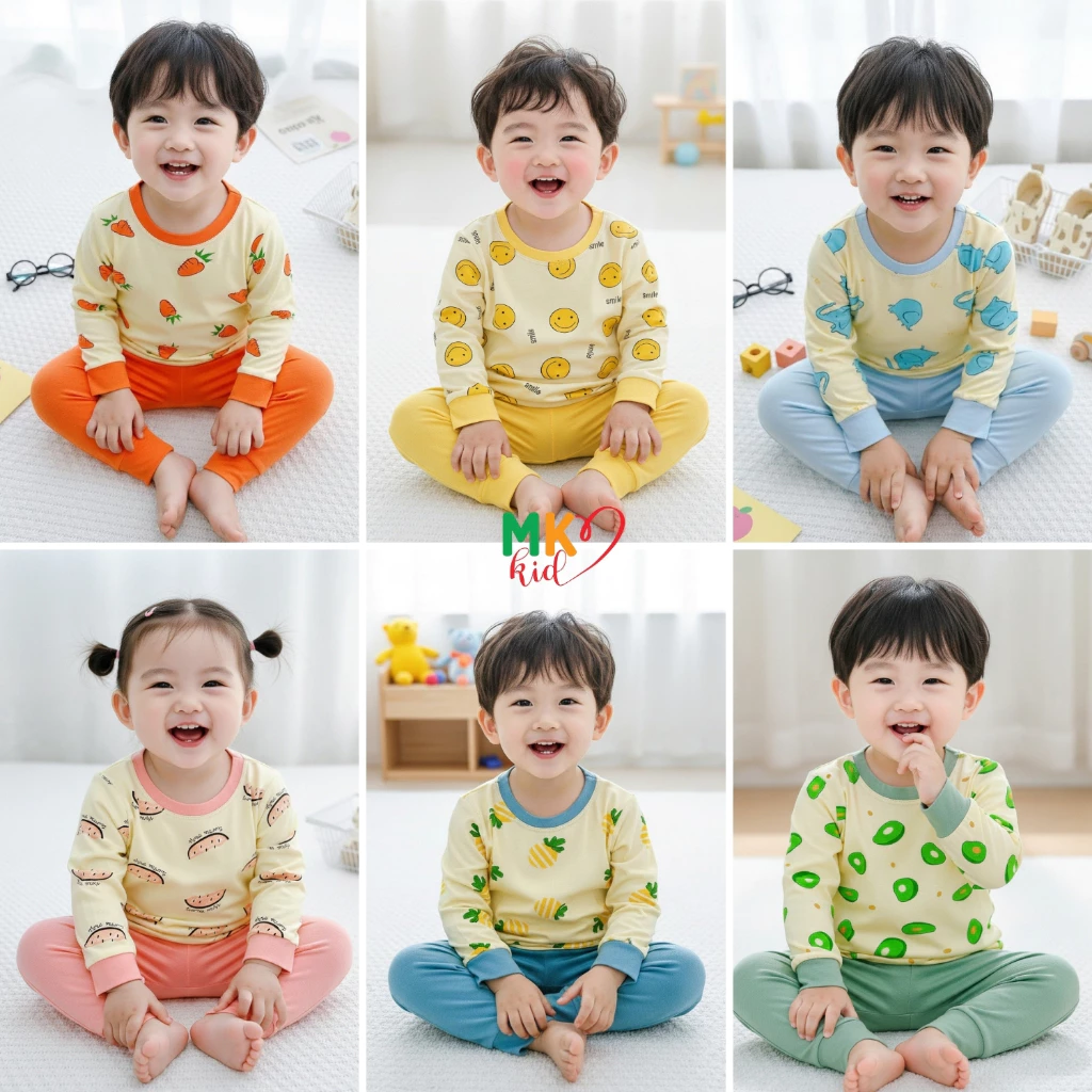 Bộ Thu Đông Cho Bé Trai, Bé Gái MK KID Họa Tiết Trái Cây Dễ Thương, Bộ Thun Lạnh Dài Tay Mặc Nhà