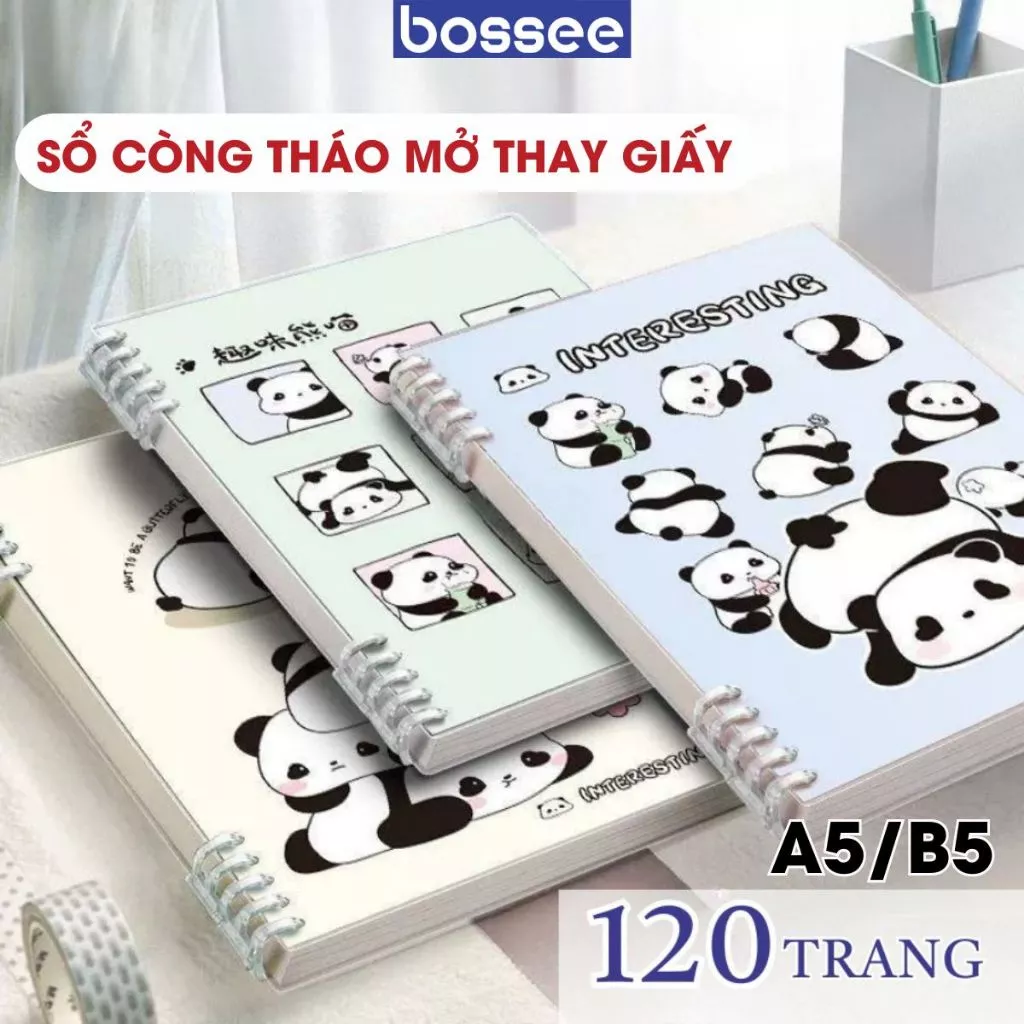 Sổ Còng Gấu Trúc A5/ B5 Độ Dày 120 Trang- Sổ Tay Cute Panda Bìa Nhựa PP, Có Thể Thay Giấy, Thiết Kế Khuyết Còng Tiện Lợi