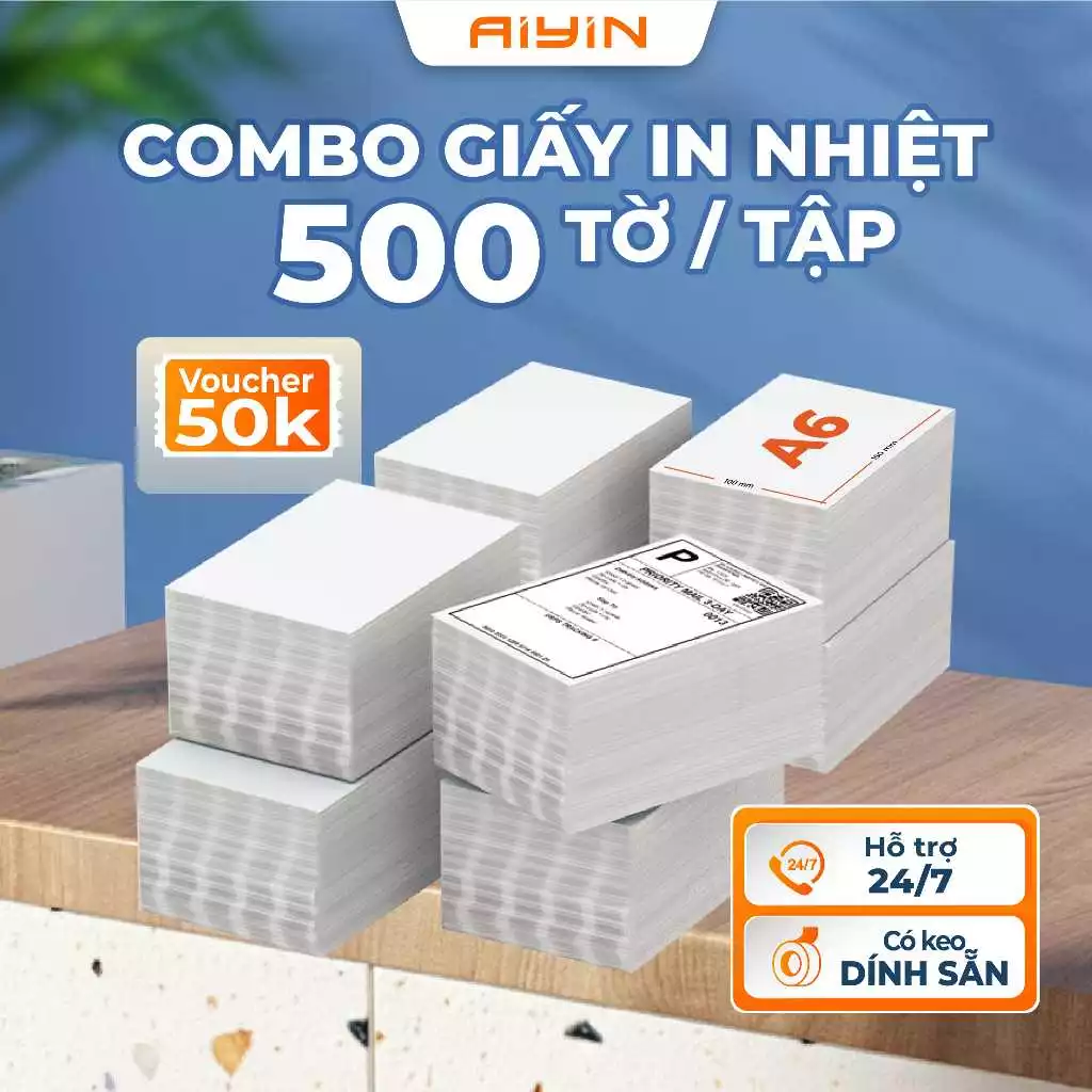 (COMBO SỈ 5-10 TỆP) Giấy in nhiệt có keo dính sẵn A6, A7 dạng tập 500 tờ/tệp, giấy in đơn hàng, in nhãn vận chuyển