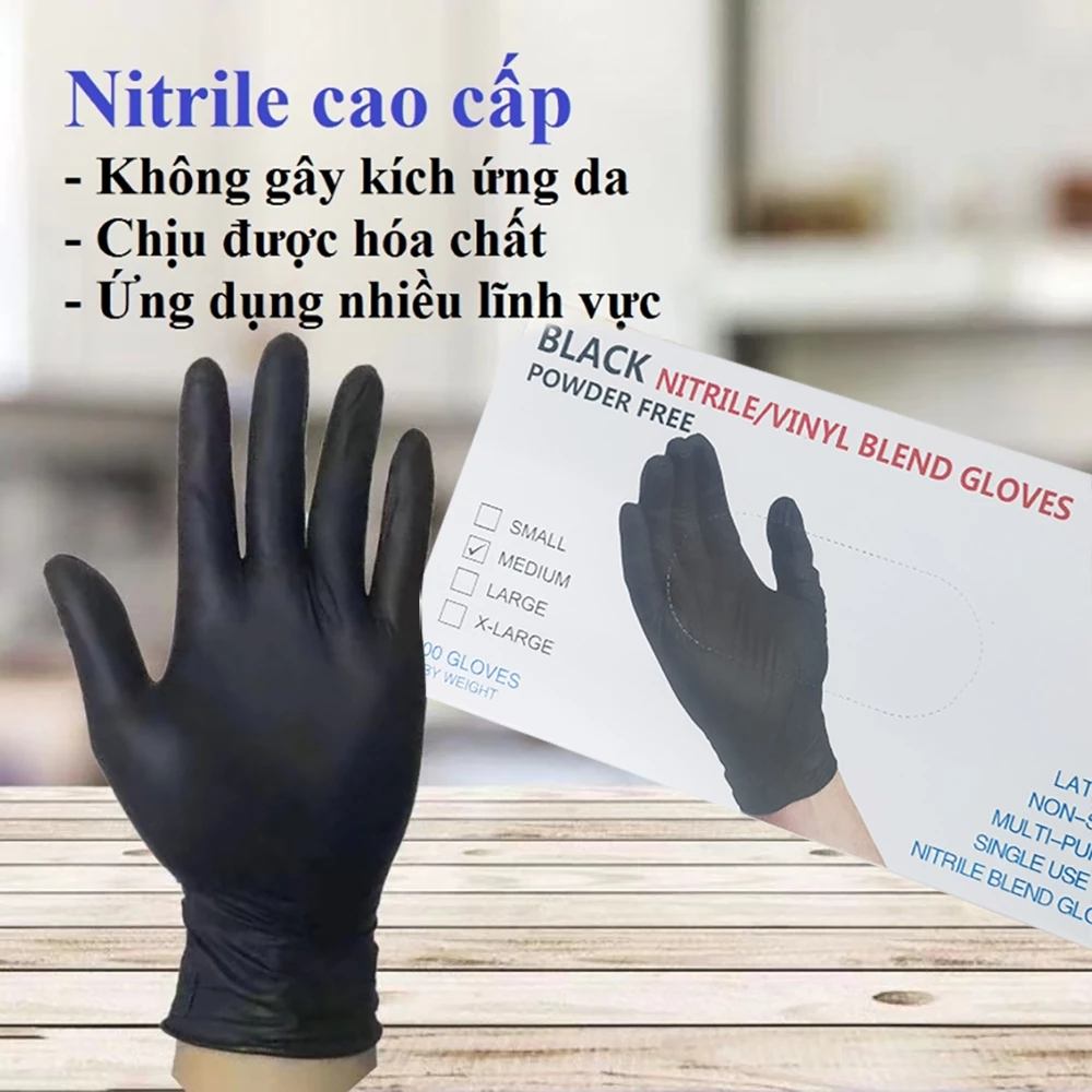 Găng Tay Đen 100 Chiếc Siêu Dai Siêu Co Dãn Không Bột, Bao Tay Y Tế Không Bột Hàng Loại 1 Siêu Dai