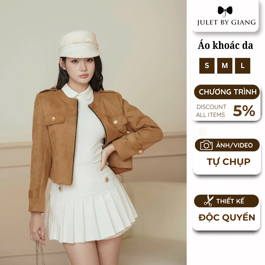 [JULETBYGIANG] Áo khoác da lộn màu nâu Juletbygiang cổ tròn nữ tính hàng thiết kế cao cấp