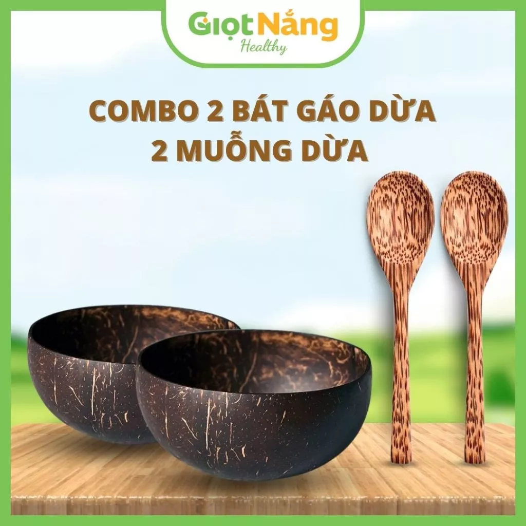 Combo 2 Bát Chén Gáo Dừa và Muỗng Gỗ Dừa Size Lớn Từ Nông Sản Giọt Nắng Dịp Tết Trung Thu